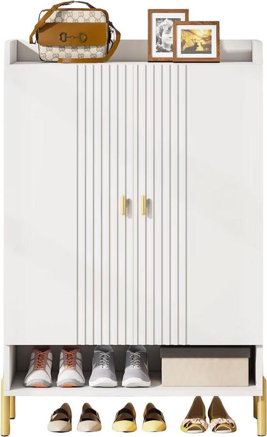 Happiq Schoenenkast Datino Met deuren Wit Schoenenrek 110cm 6 laags Houten opbergkast met kleppen