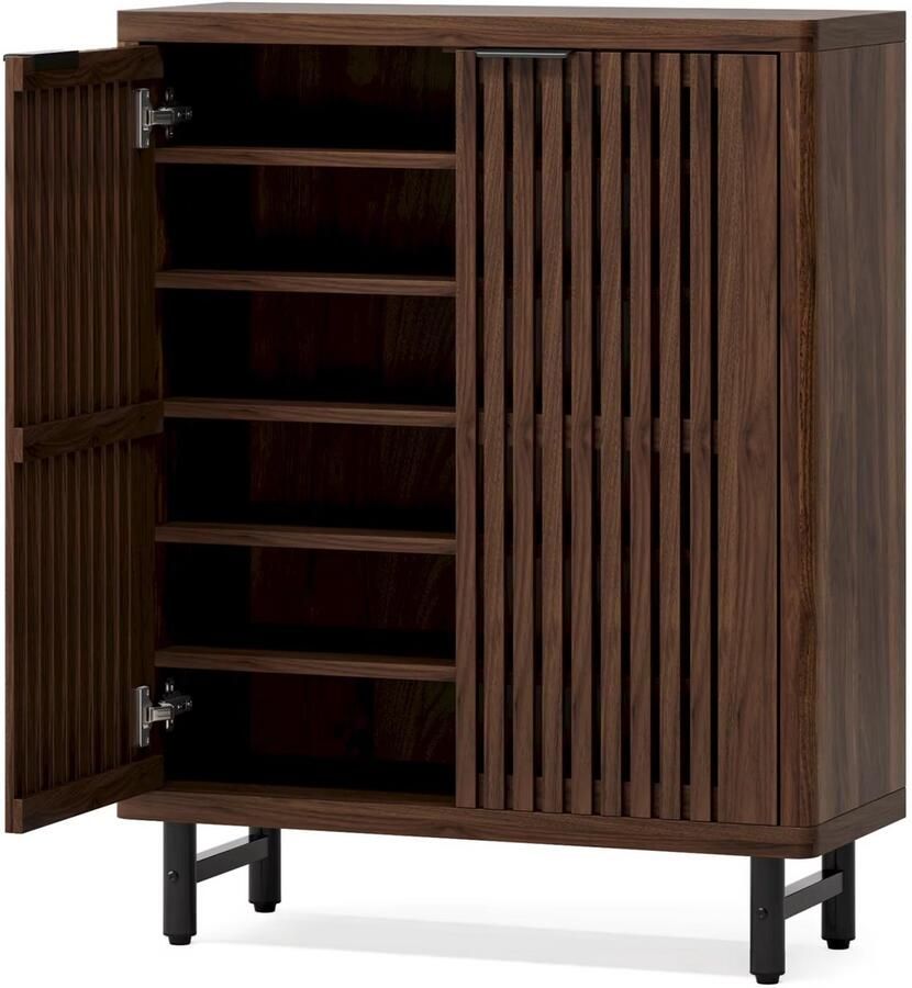 Happiq Schoenenkast Madule met deuren Walnoot Schoenenrek 110cm 6 laags Houten opbergkast