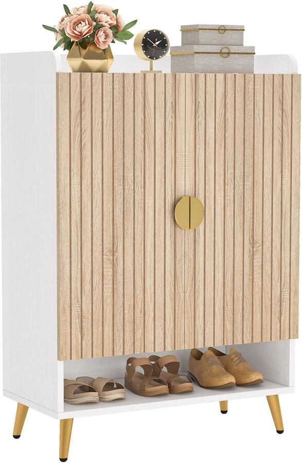 Happiq Schoenenkast Schoenenbank Schoenenrek Voor schoenenopslag Met 7 lagen en verstelbare planken Donker Khaki