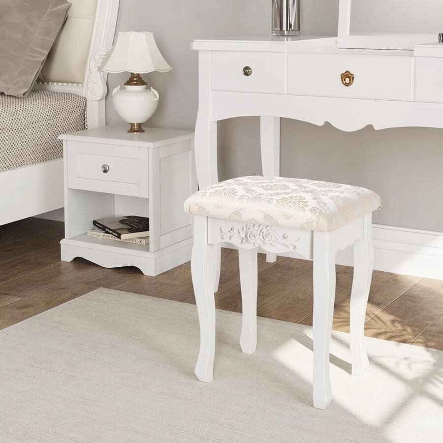 Happiq Slaapkamer Kruk Gewatteerde Kaptafelkruk 40x30x50 cm Luxe Zitkruk voor Dressoir & Make-uptafel Wit