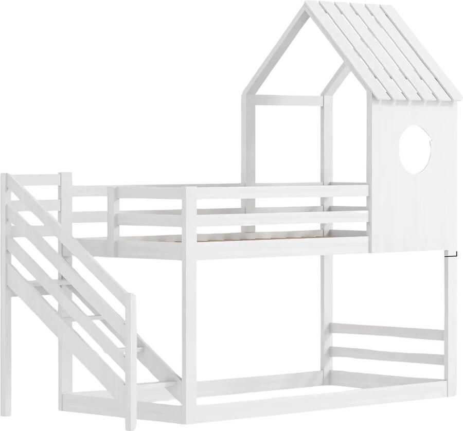 Happiq Stapelbed Tavien 200 x 90 cm Voor Kinderen 2 kinderbedden Hoogslaper Met Hoektrap valbeveiliging en raam Peuterbed
