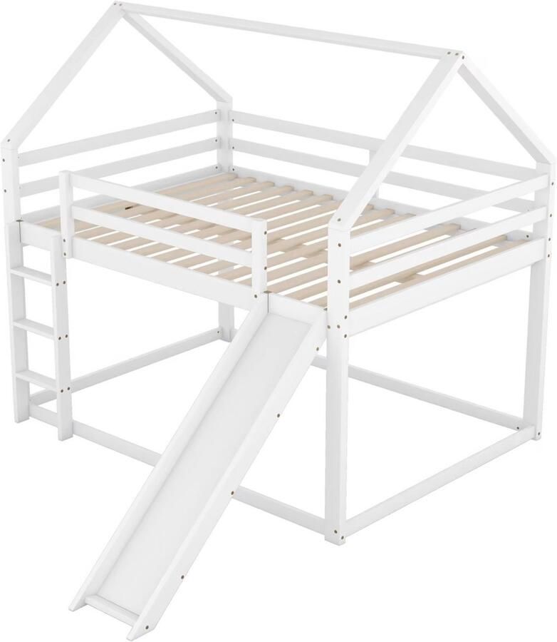 Happiq Stapelbed Valora voor kinderen Met glijbaan 140x200 cm 2 kinderbedden Hoogslaper Met Hoektrap valbeveiliging en raam Peuterbed