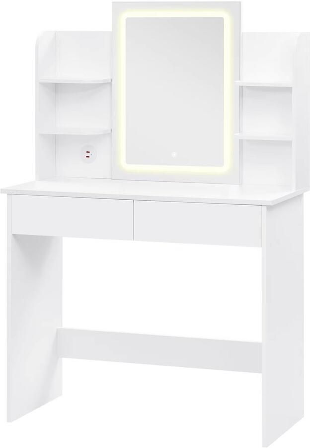 Happiq Witte Kaptafel met LED Spiegel Verstelbare Helderheid & 2 USB Poorten Moderne Make-up Tafel voor Slaapkamer