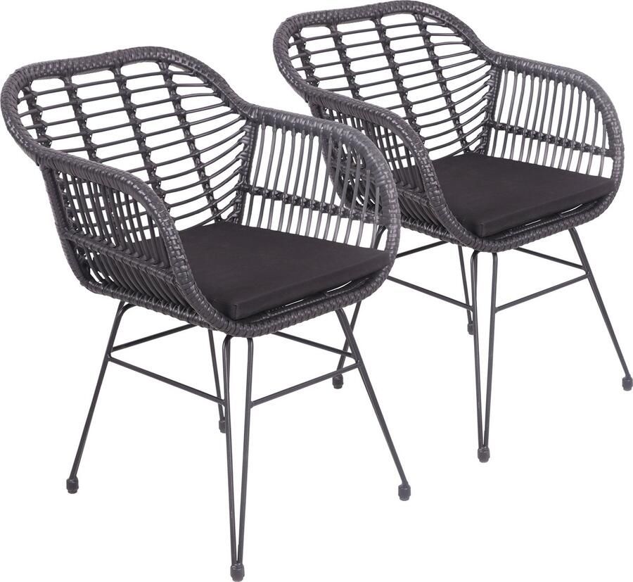 Happy Garden Set van 2 zwarte kunststof rotan fauteuils met kussens CINTA