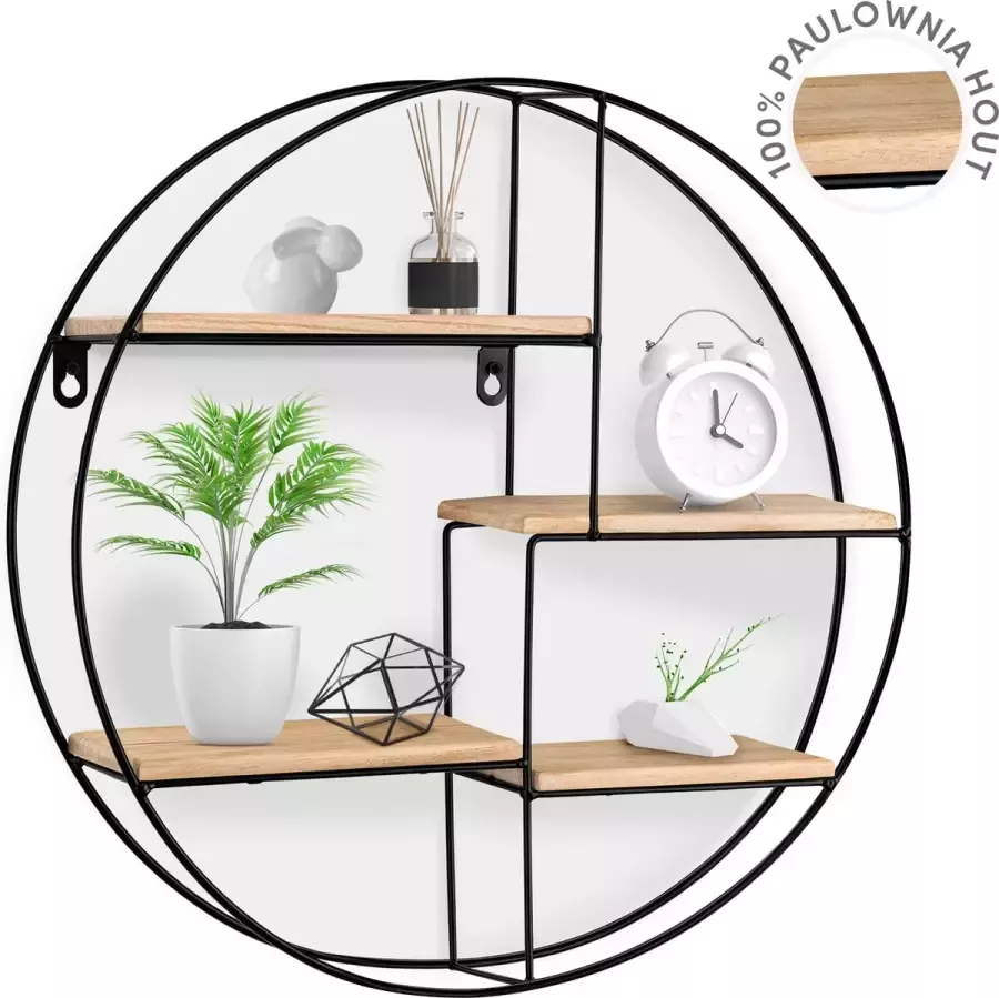 Happy Goods Happy Goods Wandrek Industrieel Rond 42cm Hout Wanddecoratie Zwevend Wandkast Woonaccessoires Wandmeubel Zwart Babykamer Woonkamer Decoratie Halmeubel