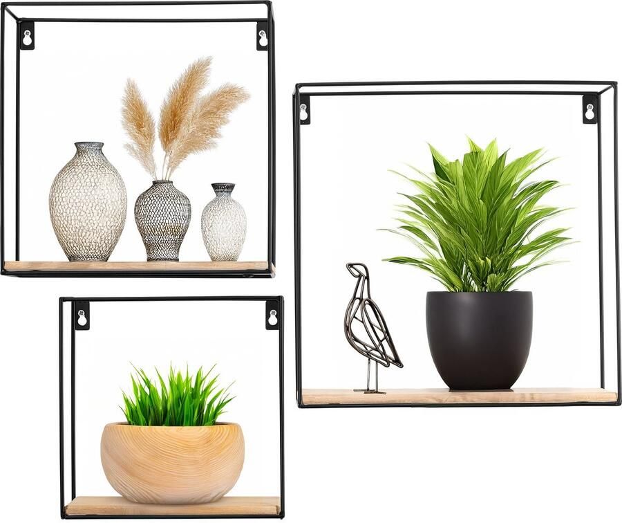 Happy Goods Wandrek Industrieel Set van 3 Vierkant Wandrek Zwart Wandrekken