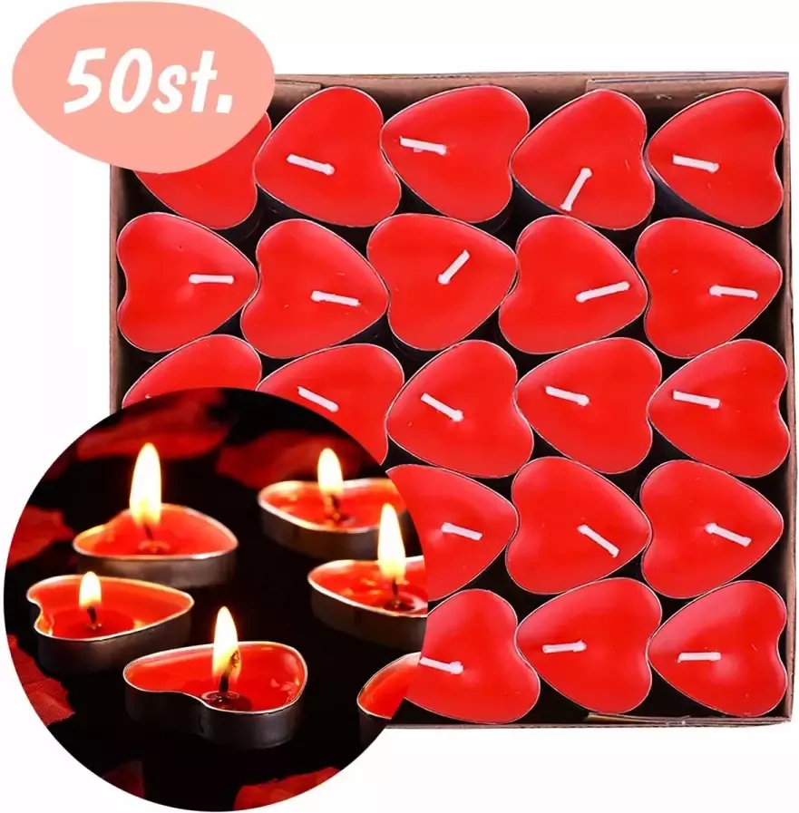 Happy Happenings Romantische Kaarsen – Hartjes Decoratie Waxinelichtjes Liefde – Kerst Versiering – Cadeautjes Tafel Decoratie Verlichting – Cadeautje Theelichtjes Moederdag Valentijn Kaarsjes – I Love You Rode Hartjes – 50 stuks