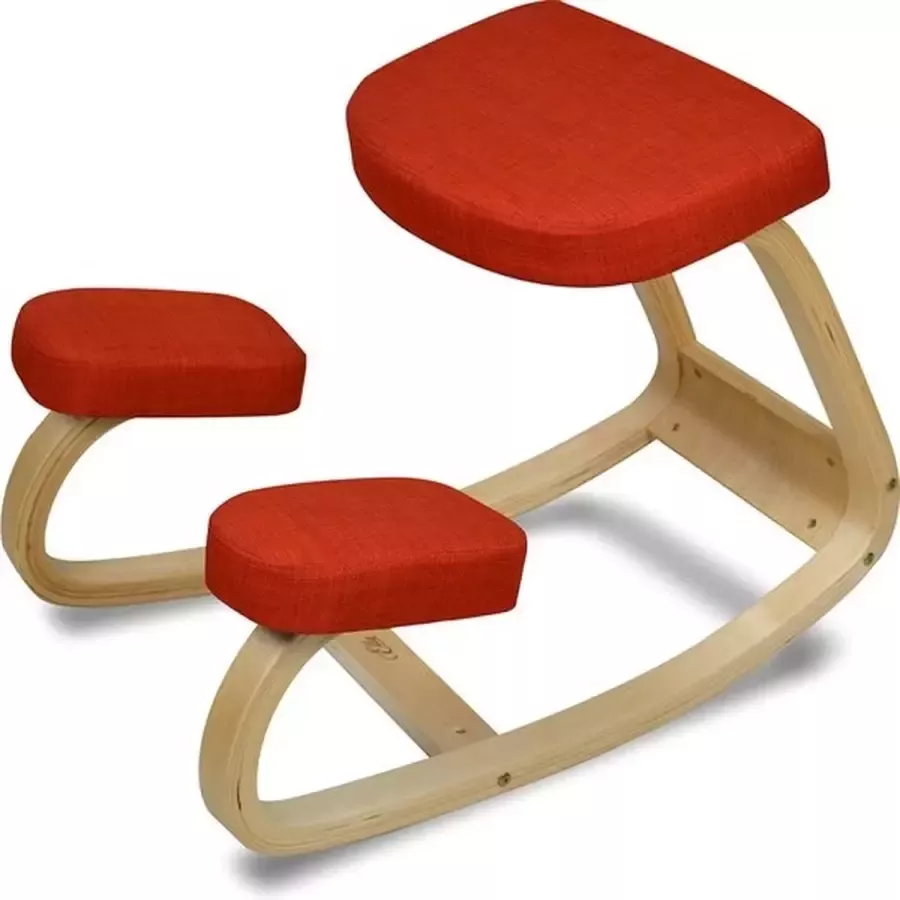 Happy Knees Kniestoel Ergochair Ergonomische werkkruk en Bureaustoel Werkkruk Max 130kg Naturel Hout & Roodoranje Linnen