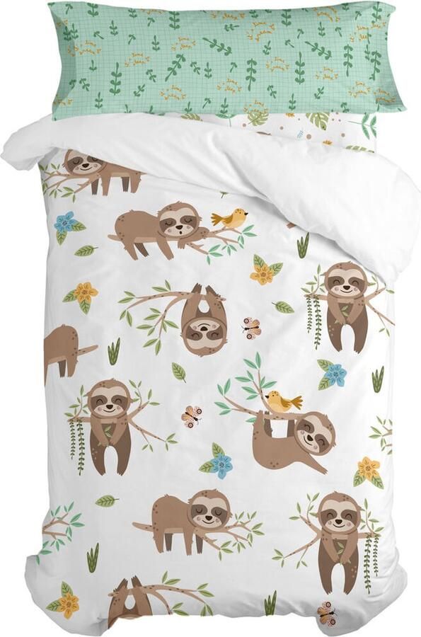 HappyFriday Dekbedovertrek set Moshi Happy Sloth Multicolour Bed van 80 90 2 Onderdelen