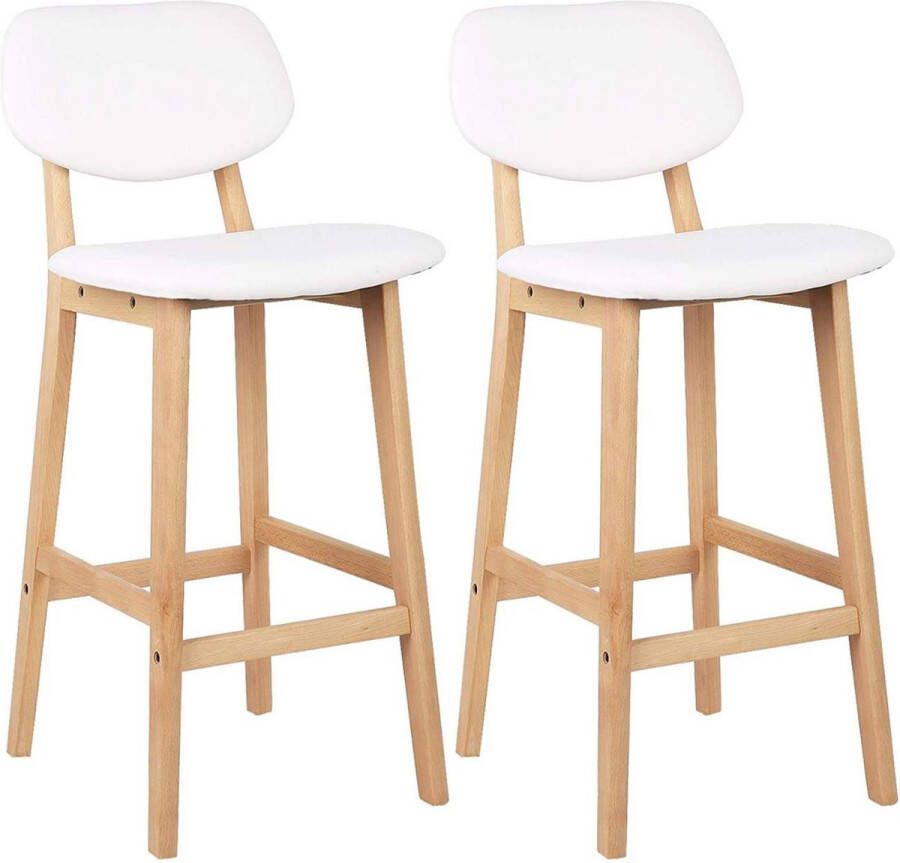 Happyment Barkrukken Riva Set van 2 Met rugleuning Houten frame Barstoelen ergonomisch Keuken Wit Zithoogte 65cm