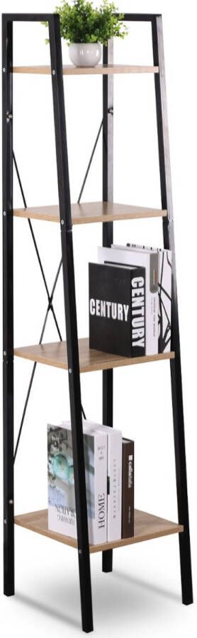Happyment Boekenkast Dita industrieel 4 lagen Bruin Boekenrek Woonkamer slaapkamer en kinderkamer Hout Wit 34 x 35 x 148 cm
