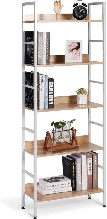 Happyment Boekenkast met 5 planken Voor kantoor woonkamer slaapkamer 60 x 27.5 x 126 industrieel ontwerp vintage Wit Oak