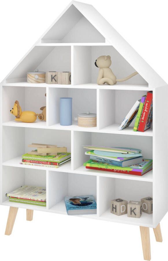 Happyment Boekenkast Villa Voor kinderen Wit Opbergkast Huis vorm Speelgoedkast kind Kinderkamer Boekenrek Hout