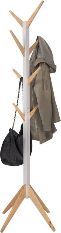 Happyment Staande kapstok Maza 8 haken Kapstok staand Premium hout 180cm Wit bruin