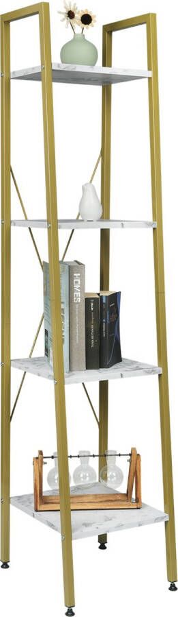 Happyment Ladderkast Vila 4 lagen Wit Goud Marble look Boekenrek Woonkamer slaapkamer en kinderkamer Hout Wit Stellingkast