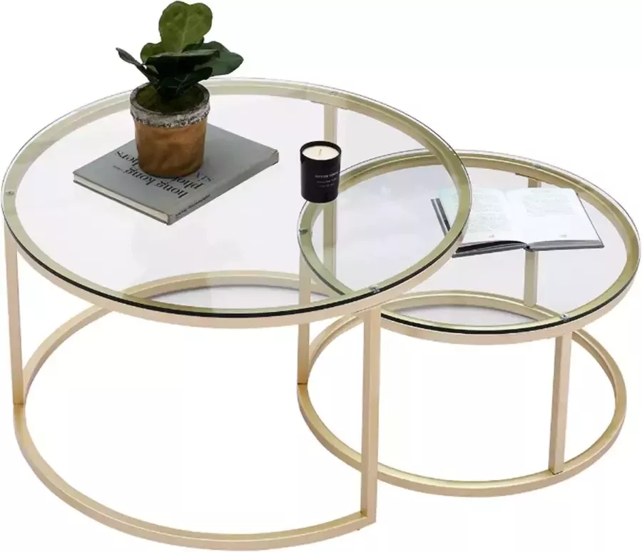 Happyment Salontafel design Set van 2 Landelijk Woonkamer Rond Goud 80 en 60cm