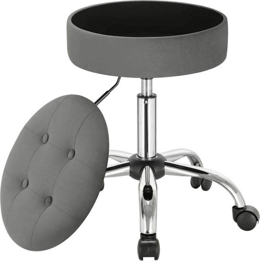 Happyment Velvet werkkruk Deluxe Op wielen Kapperskruk Donkergrijs Zadelkruk Tabouret draaikruk Zonder rugleuning Ergonomisch