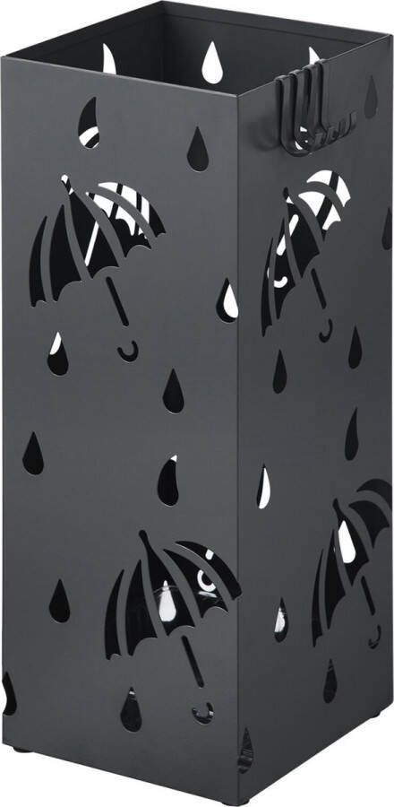 Happyment Vierkante Paraplubak Jiva Parapluhouder metaal Verwijderbare wateropvangbak Met haak Antraciet Metaal 49 x 20 x 20 cm
