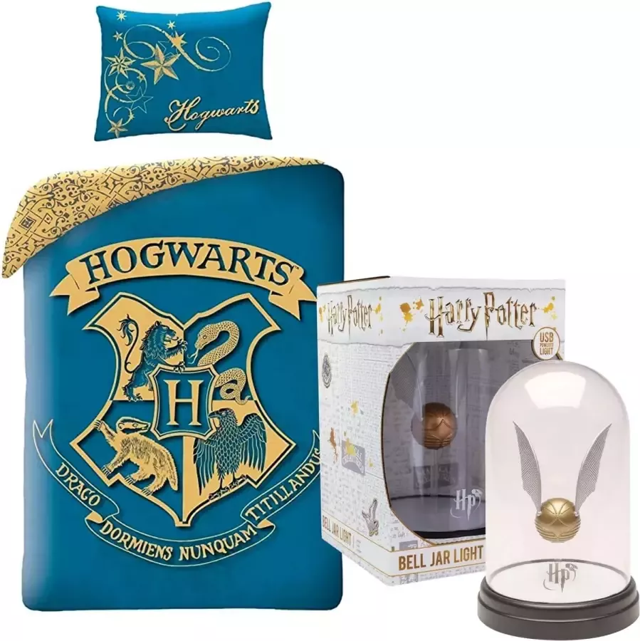 Harry Potter Dekbedovertrek- Katoen- 1persoons- 140x200- Dekbed Hogwarts Logo -Blauw incl. Golden Snitch Lamp