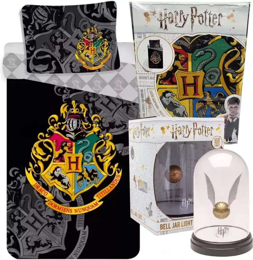 Harry Potter Dekbedovertrek- Katoen- 1persoons- 140x200- Dekbed Hogwarts Logo -Zwart incl. Golden Snitch Lamp