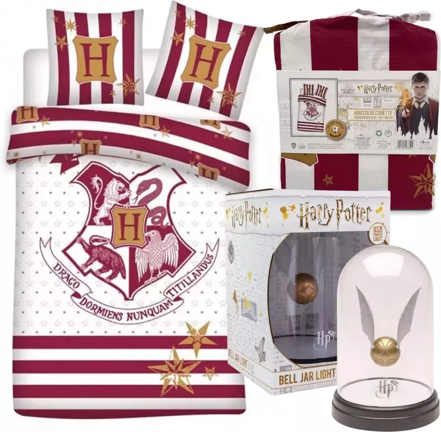 Harry Potter Dekbedovertrek Rood Wit Hogwarts Logo- 1 persoons 140x200- 100% biologisch Katoen incl. Golden Snitch Lamp