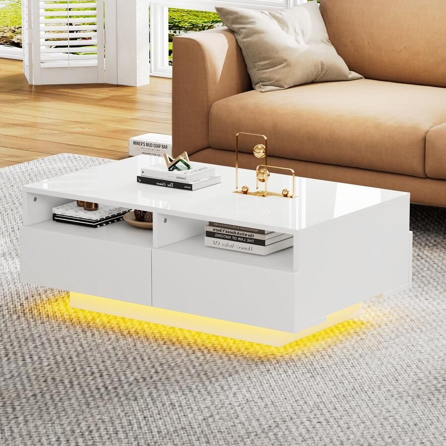 HAUSS SPOLE alontafels 90x55x35 cm Koffietafel Met 2 Laden En LED Licht Hoogglans Hout Wit