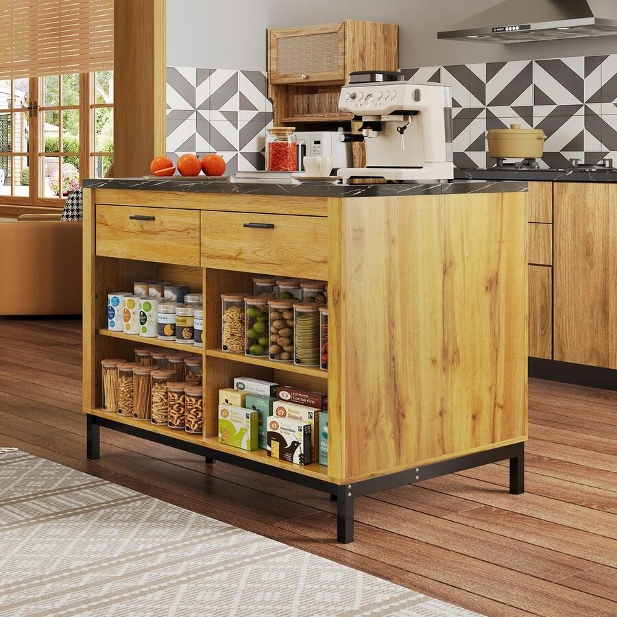 HAUSS SPOLE Bartafels Keukeneiland Beistellschrank 2 Lades En 4 Open Planken 120x75x90 cm MDF Naturel