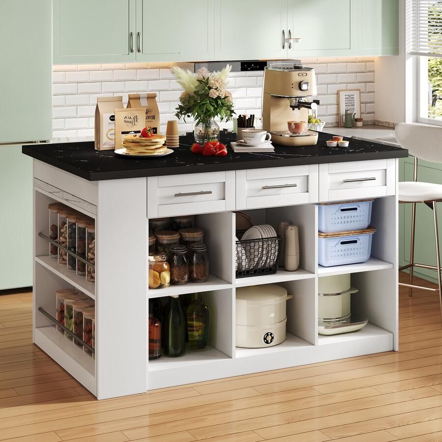 HAUSS SPOLE Bartafels Keukeneiland Met Uitklapbare Eettafel Multifunctioneel Met Opbergruimte 150x90x90 cm Marmer Wit