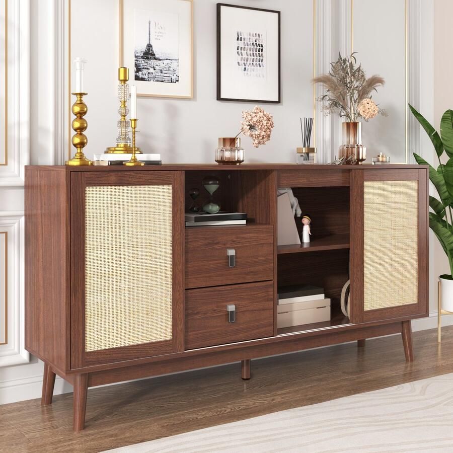 HAUSS SPOLE Dressoirs 155x38x80 cm Dressoir Met 3 Schuifdeuren En 2 Laden Atmungsaktiv En Veelzijdig Industrieel Design MDF Donkerbruin