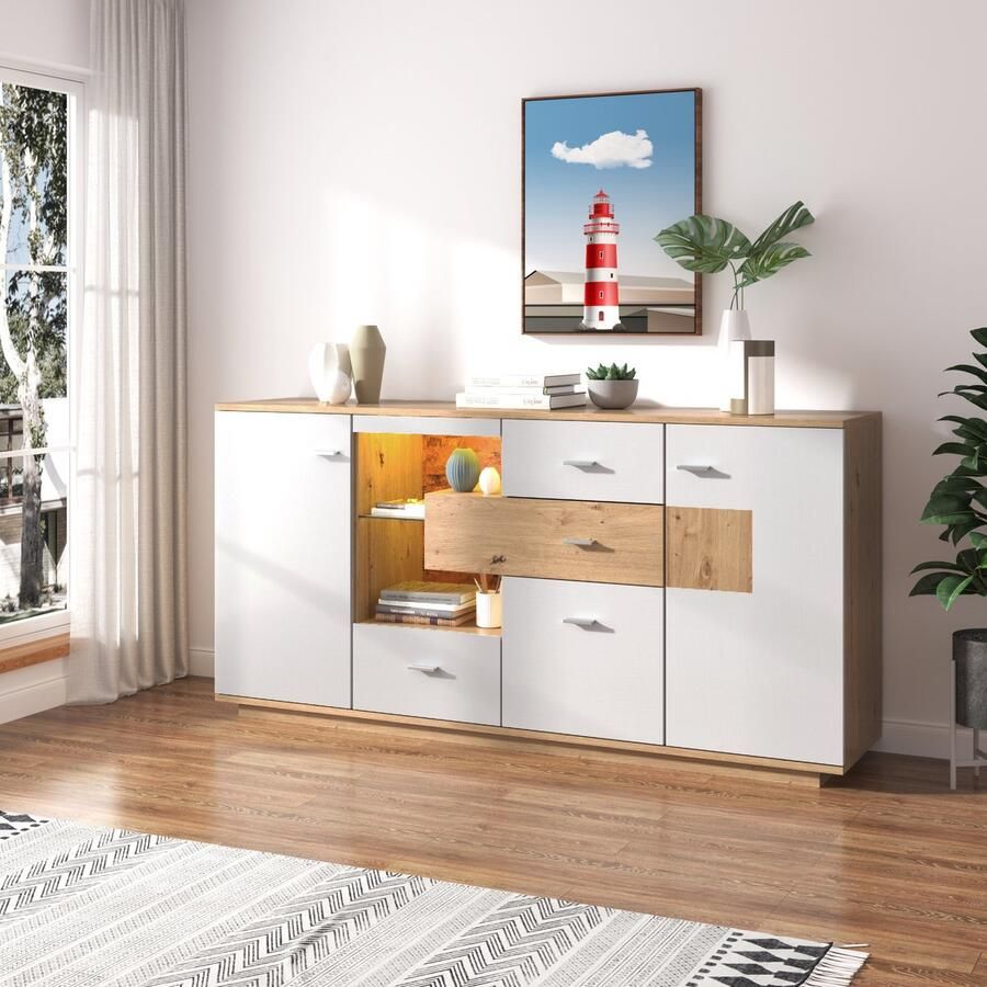 HAUSS SPOLE Dressoirs 160x40x77 cm Sideboard Met LED-Verlichting Multifunctioneel En Ruim Rechthoekig Voor Woonkamer Spaanplaat Natuurlijk