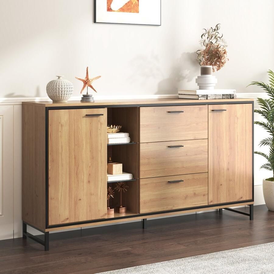 HAUSS SPOLE Dressoirs 160x40x85 cm Hoog Dressoir Met 2 Deuren Ruim En Stijlvol Rechthoekig Voor Woonkamer En Slaapkamer Spaanplaat Natuurlijk