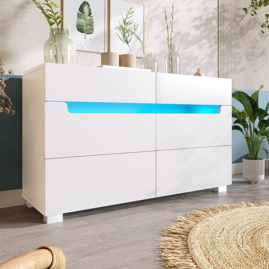 Pugsdrly Commode houten dressoir met 6 lades led-verlichting (app-bediening) multifunctionele kast voor woonkamer en slaapkamer 71 x 120 x 40 cm wit