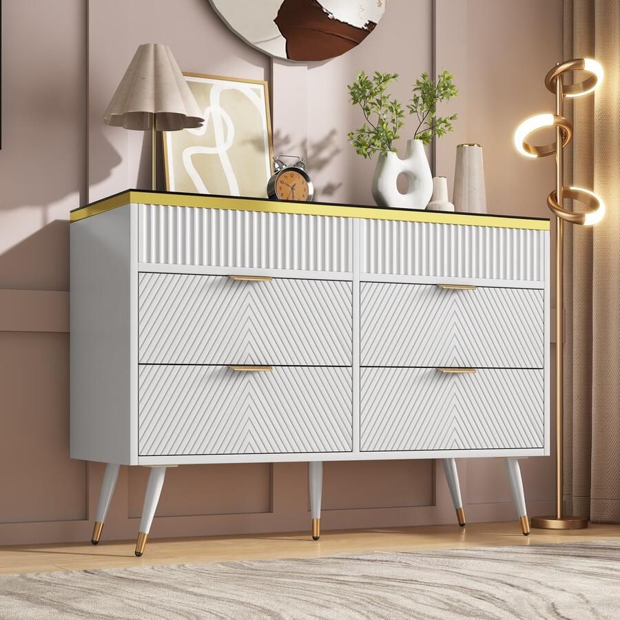 HAUSS SPOLE Dressoirs 76x120x40 cm Sideboard Met 6 Lades Moderne Opbergkast Voor Woonkamer MDF Wit