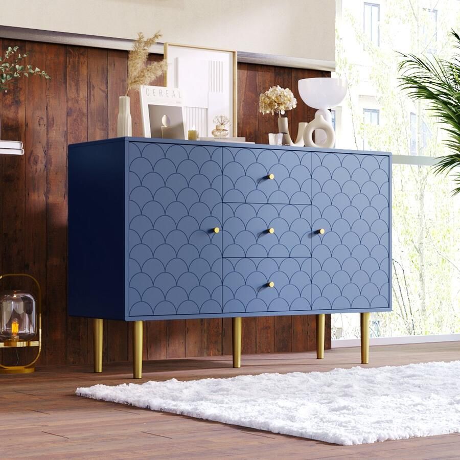 HAUSS SPOLE Dressoirs 82x120x40 cm Kast Met 2 Deuren En 3 Lades Opbergkast Spaanplaat Marineblauw