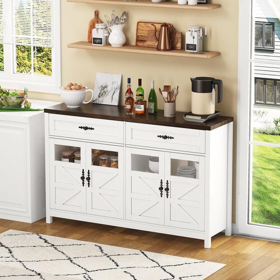 HAUSS SPOLE Dressoirs Barschrank Met 4 Deuren En 2 Laden Moderne Opbergkast Voor Koffiebar 140x39x90 cm MDF Wit