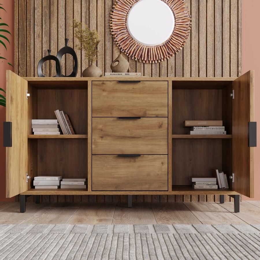 HAUSS SPOLE Dressoirs Dressoir Met 2 Deuren En 3 Lades Praktische Opbergkast Voor Woonkamer En Slaapkamer Spaanplaat 120x40x76 cm Bruin