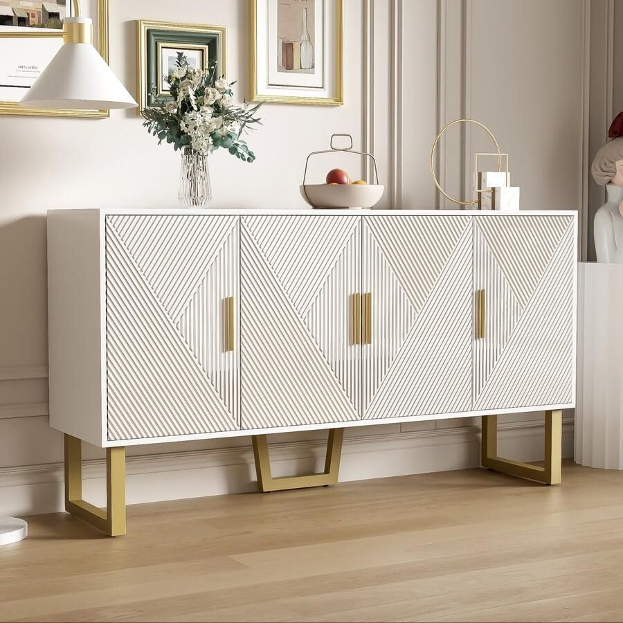 HAUSS SPOLE Dressoirs Dressoir Met Hoogglanzende Gestructureerde Deuren Luxe En Modern Veel Opbergruimte MDF Wit 150x40x82 cm