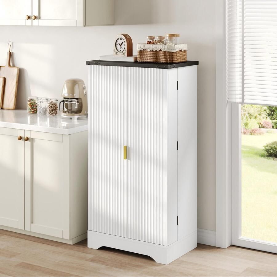 HAUSS SPOLE Dressoirs Hoge Kast Met Geribbelde Deuren En Gouden Grepen Verstelbare Planken En LED Sensor Licht 120x60 5x40 cm Spaanplaat Wit