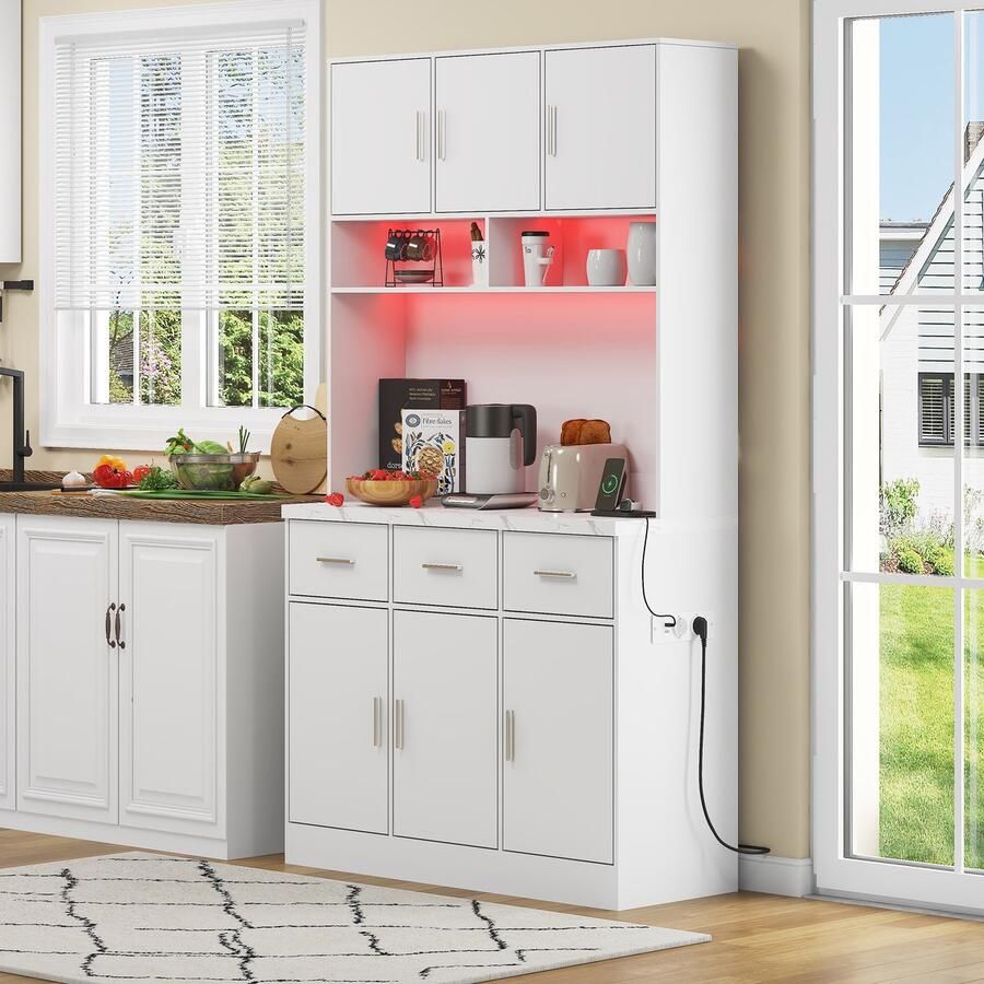 HAUSS SPOLE Dressoirs Multifunctioneel Buffet Met LED-Verlichting 3 Laden En Verstelbare Planken Modern Keuken En Eetkamer 100x40x180 cm Spaanplaat + MDF Wit