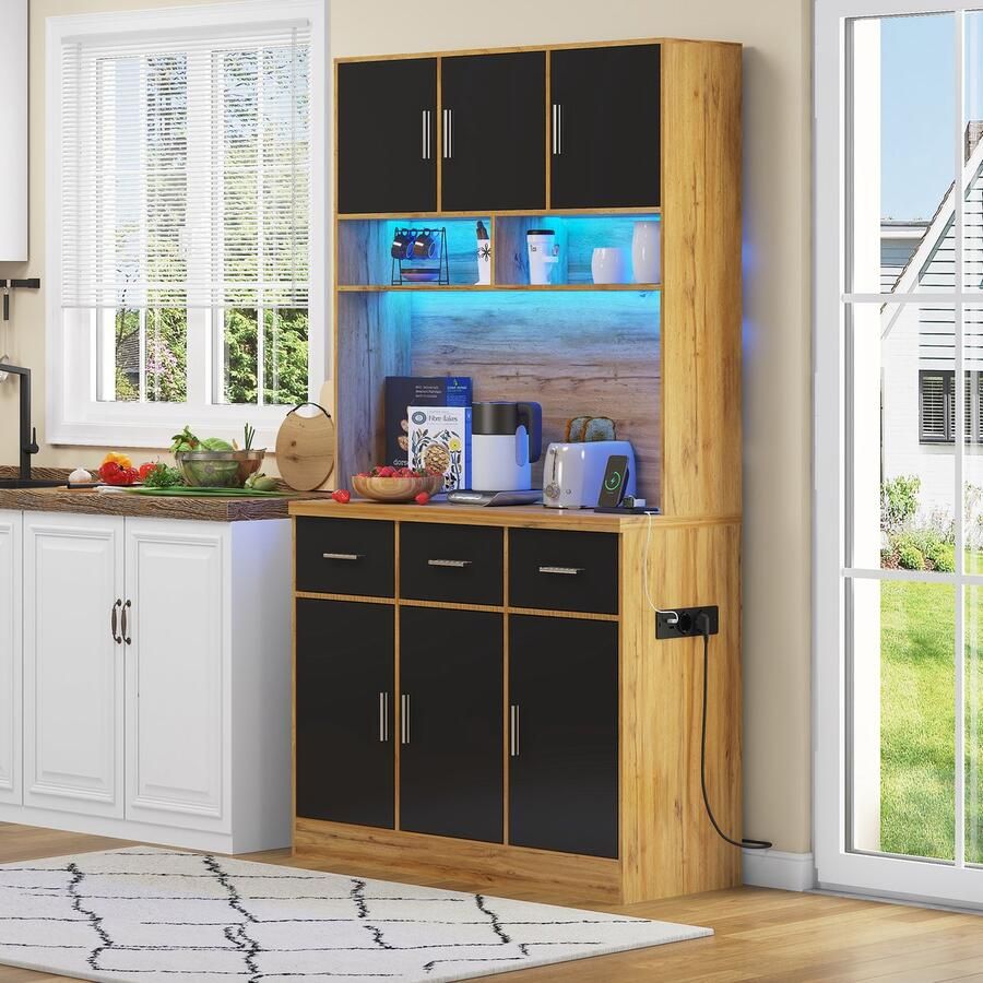 HAUSS SPOLE Dressoirs Multifunctioneel Buffet Met LED-Verlichting 3 Laden En Verstelbare Planken Praktisch Voor Keuken En Eetkamer 100x40x180 cm Spaanplaat + MDF Zwart