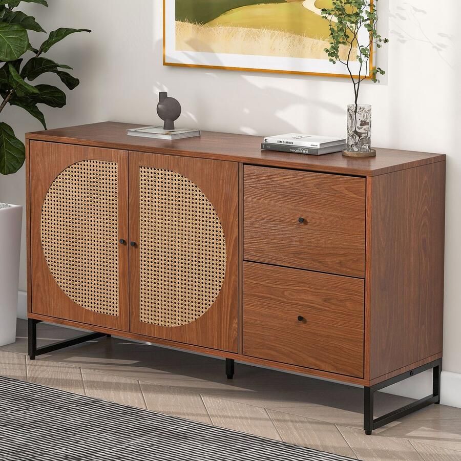 HAUSS SPOLE Dressoirs vorm 130x40x75 cm Dressoir Met 2 Rattan Deuren En 2 Lades Veel Opbergruimte Voor Woonkamer En Slaapkamer Spaanplaat Bruin