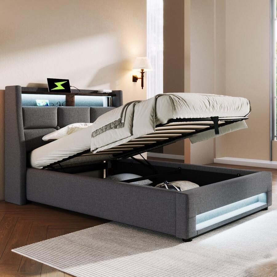 HAUSS SPOLE Eenpersoonsbed 90x200 cm Gestoffeerd Bed Met LED En USB Bedbodem Linnen Grijs (Zonder matras)