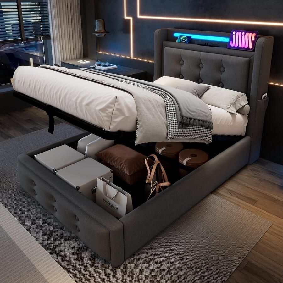 HAUSS SPOLE Eenpersoonsbed 90x200 cm Gestoffeerd Bed Met USB En LED Bed Met Opbergruimte Voor Tieners Katoen Grijs (geen matras)