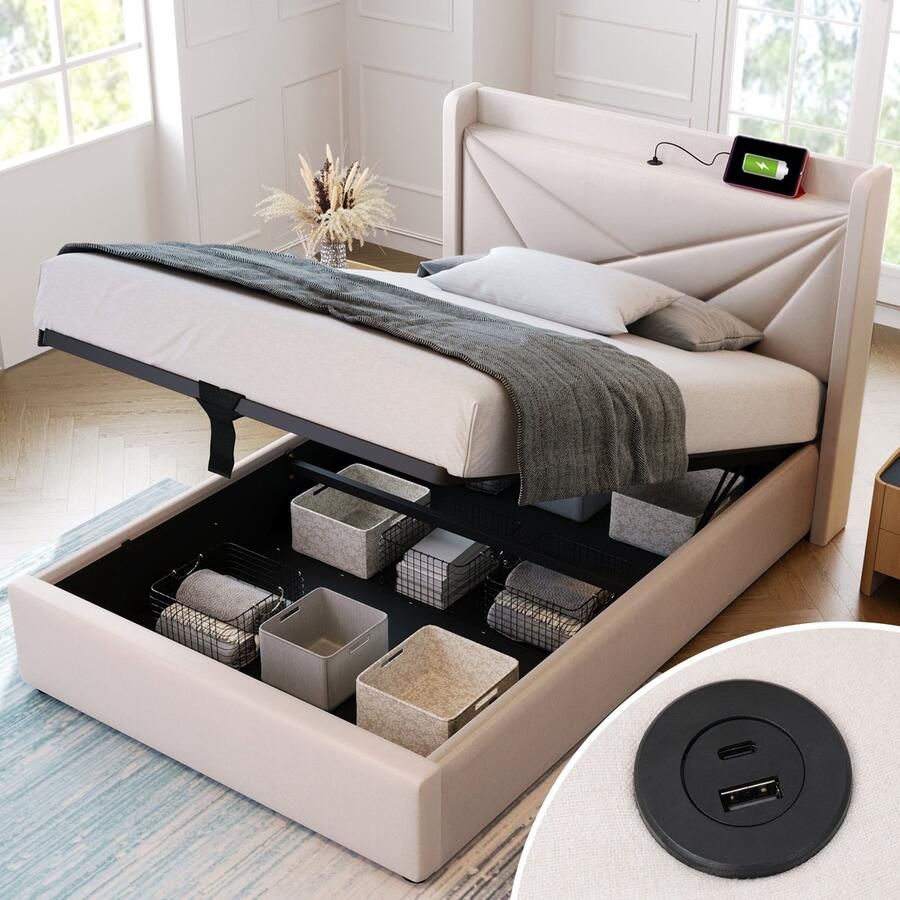 HAUSS SPOLE Eenpersoonsbedden 90x200 cm Gestoffeerd Bed Met USB Opladen En Opbergruimte Katoen Beige