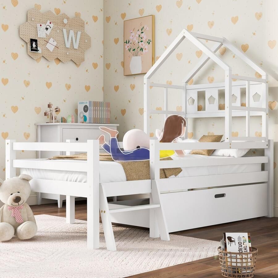 HAUSS SPOLE Eenpersoonsbedden 90x200 cm – Kinderbed Met Ladder En Schubladen – Inclusief Lattenbodem – Hout – Wit – Zonder Matras