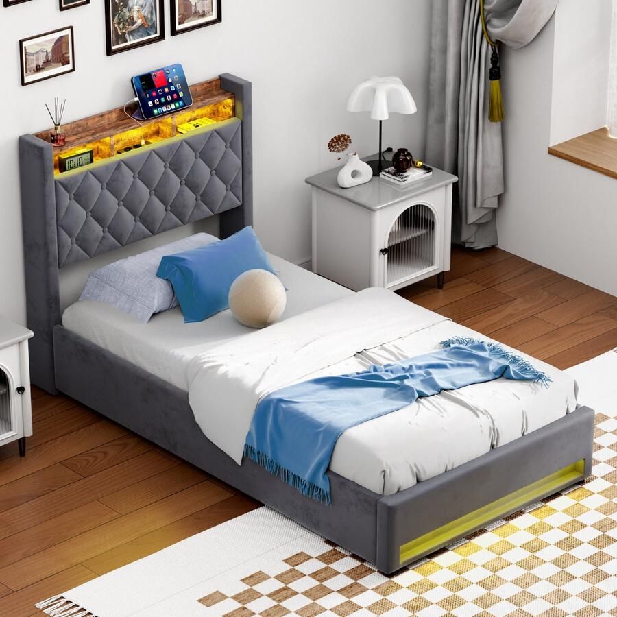 HAUSS SPOLE Fluweel Gestoffeerd bed 90×190 cm -Eenpersoonsbed Met Opbergruimte-Voor Moderne Slaapkamers-Voor Jongeren En Volwassenen-Met USB & LED-verlichting Opbergruimte Boxspring -Donkergrijs
