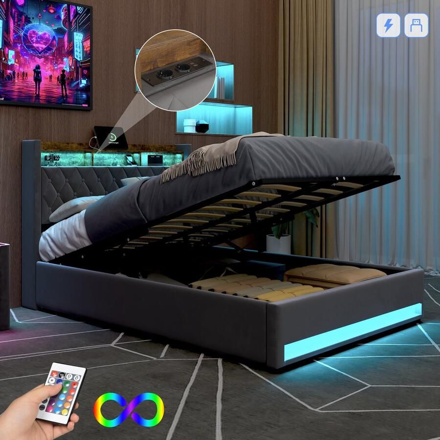 HAUSS SPOLE Fluweel Gestoffeerd bed 140×190 cm -Eenpersoonsbed Met Opbergruimte-Voor Moderne Slaapkamers-Voor Jongeren En Volwassenen-Met USB & LED-verlichting Opbergruimte Boxspring -Donkergrijs - Foto 2