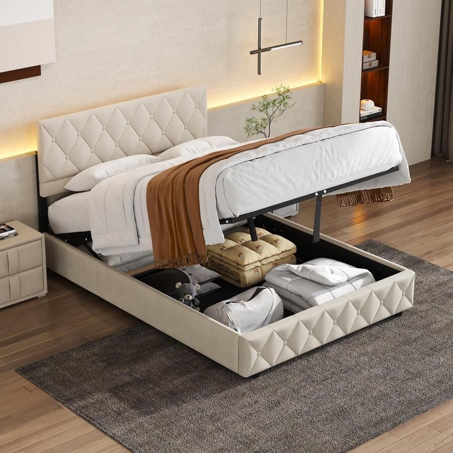 HAUSS SPOLE Gestoffeerd bed 140x190 cm Tweepersoonsbed Bed Met Opbergruimte Jeugdbed Opslagbedden Fluwelen gestoffeerd bed Gebroken Wit(Zonder matras)