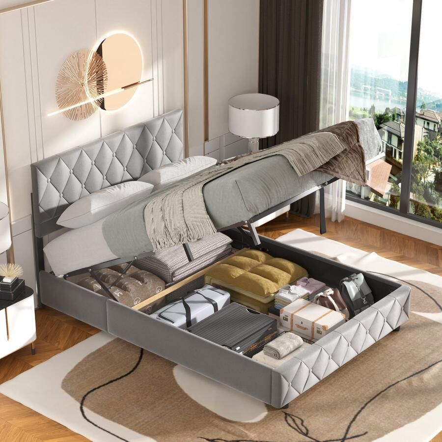 HAUSS SPOLE Gestoffeerd bed 140x190 cm Tweepersoonsbed Bed Met Opbergruimte volwassenen Opslagbedden Fluwelen gestoffeerd bed Lichtgrijs (Zonder matras)