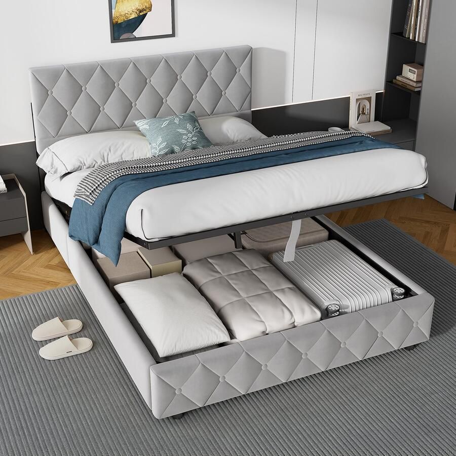 HAUSS SPOLE Gestoffeerd bed 140x200 cm Tweepersoonsbed Bed Met Opbergruimte volwassenen Opslagbedden Fluwelen gestoffeerd bed Lichtgrijs (Zonder matras) - Foto 2